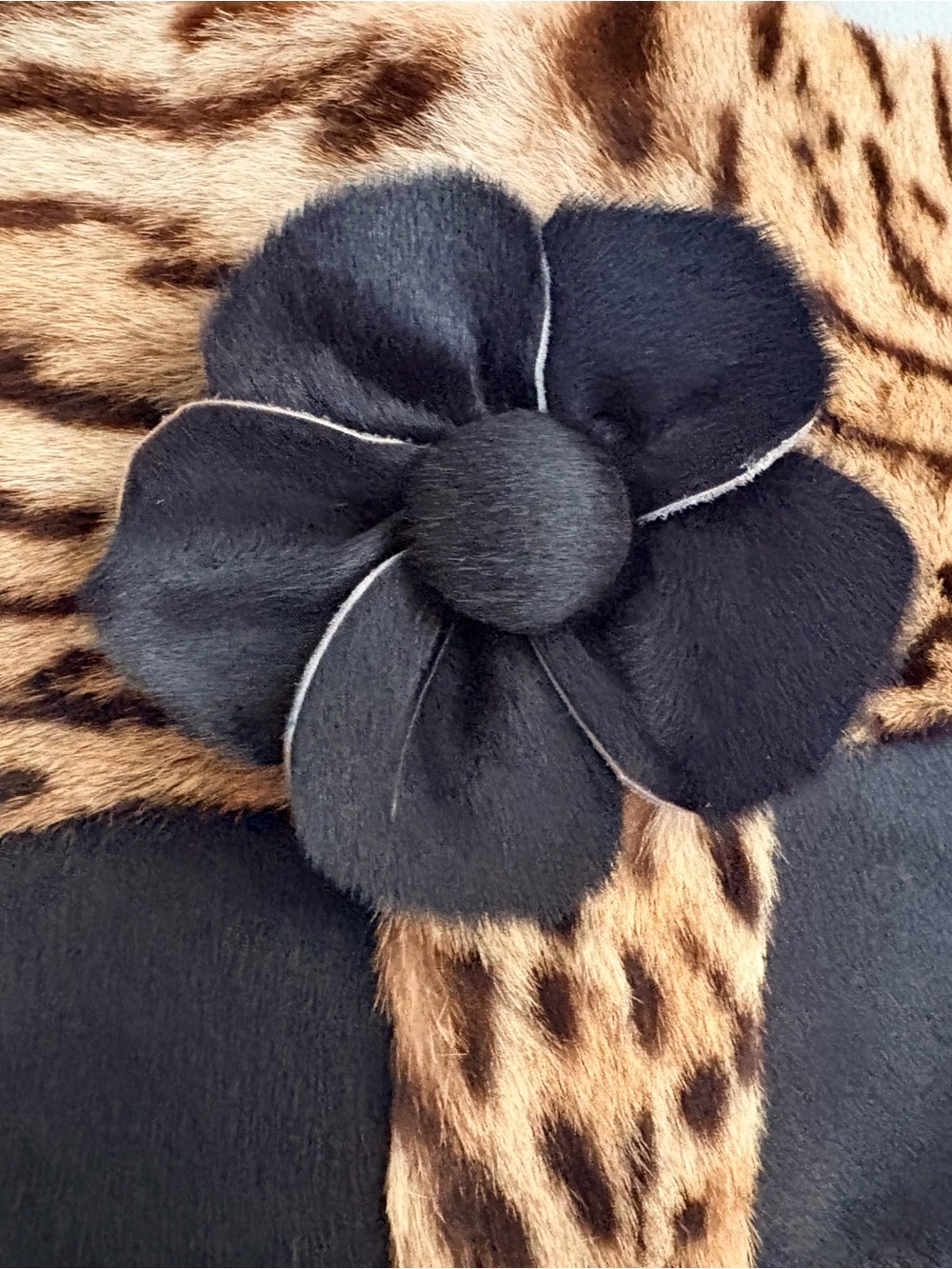 Black and Leopard REAL Fur Shoulder Bag with Floral Accent - Picture 4 of 5